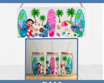 Lilo y Stitch surfeando, lata de vidrio Libbey de 16 oz, sublimación PNG (descarga digital)