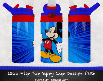 May include: A blue and red 12oz flip top sippy cup with a Mickey Mouse design. The cup has a blue background with white stripes and a picture of Mickey Mouse in the center. The cup has a red lid with a blue spout.