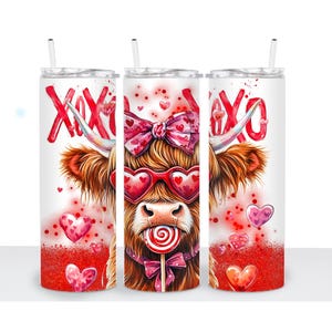 Valentine Highland Kuh XOXO Nahtlose 20 Unzen Skinny Tumbler Wrap | Sublimation PNG | Sublimationsbecher | Digitaler Download