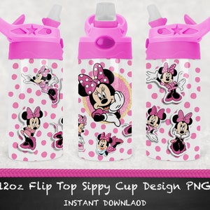 May include: A pink and white 355ml flip-top sippy cup with Minnie Mouse designs. The cup has a pink lid and a white body with pink polka dots and Minnie Mouse graphics. The text "12oz Flip Top Sippy Cup Design PNG" is at the bottom.