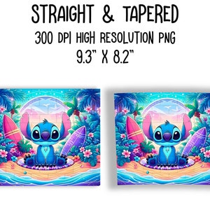 May include: A blue Stitch character from Lilo & Stitch is sitting on a surfboard in a tropical scene. The background features palm trees, a sunset, and a starry sky. The surfboard is decorated with a pink and purple design.