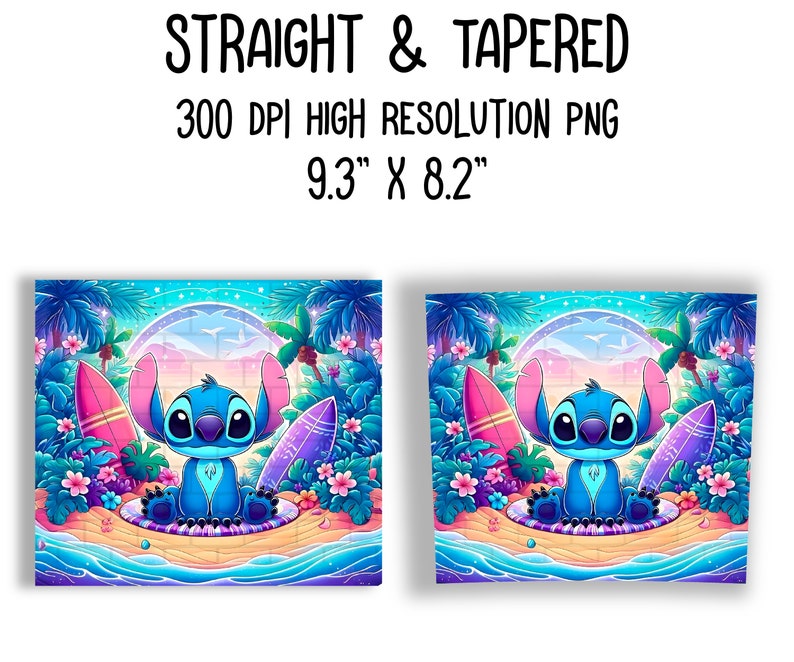 May include: A blue Stitch character from Lilo & Stitch is sitting on a surfboard in a tropical scene. The background features palm trees, a sunset, and a starry sky. The surfboard is decorated with a pink and purple design.