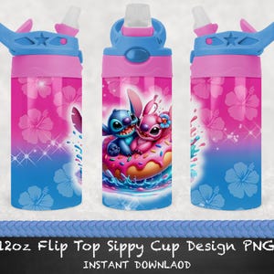 Dona Stitch y Ángel de 12 oz con tapa abatible / Sublimación PNG / Vaso de sublimación / Descarga digital imagen 1