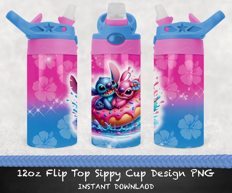 Dona Stitch y Ángel de 12 oz con tapa abatible / Sublimación PNG / Vaso de sublimación / Descarga digital imagen 1