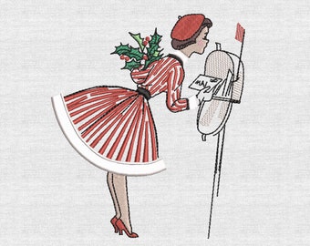Retro Christmas Lady Embroidery Design: Vintage Fringe Dress (Digital Download)