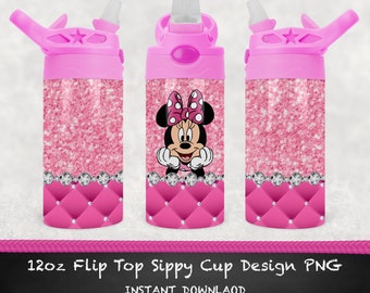 Vaso con tapa abatible de 12 oz de Minnie Mouse y diamantes / Sublimación PNG / Sublimación / Descarga digital