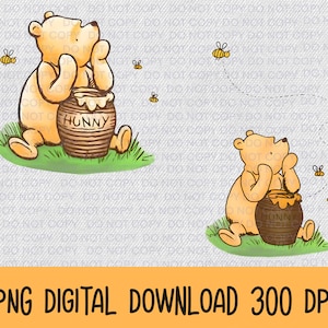 May include: Two illustrations of Winnie the Pooh, a cartoon bear, holding a honey pot. The first image shows Winnie the Pooh looking up at a bee flying in the air. The second image shows Winnie the Pooh looking up at a bee flying in the air. Both images have a green grass background and bees flying around.