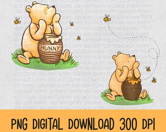May include: Two illustrations of Winnie the Pooh, a cartoon bear, holding a honey pot. The first image shows Winnie the Pooh looking up at a bee flying in the air. The second image shows Winnie the Pooh looking up at a bee flying in the air. Both images have a green grass background and bees flying around.
