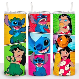 May include: Three stainless steel tumblers with a colorful comic book style design featuring Stitch and Lilo from the Disney movie Lilo & Stitch. The tumblers have a straw and a lid.