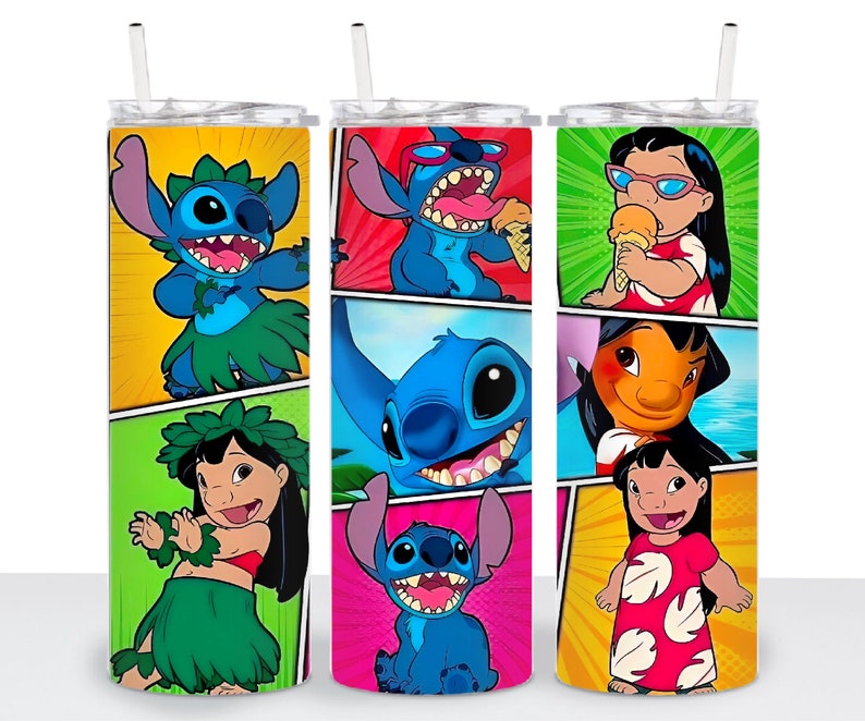 May include: Three stainless steel tumblers with a colorful comic book style design featuring Stitch and Lilo from the Disney movie Lilo & Stitch. The tumblers have a straw and a lid.