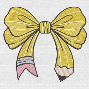 May include: A yellow bow with black stripes, shaped like a pencil, with a pink eraser. The bow is tied in a knot at the top and the pencil part is pointed at the bottom.