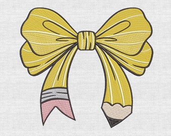 School Yellow Pencil Bow Machine Sketch Embroidery Design | Mulitple Sizes and Formats | Digital Download