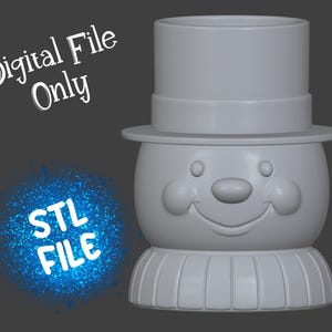 May include: A 3D-rendered snowman-shaped container with a top hat, smiling face, and a ribbed base. The words "Digital File Only" and "STL FILE" are written on the image.