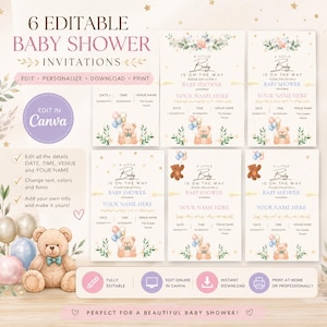 Puede incluir: Seis plantillas editables de invitación para baby shower con una ilustración de osito de peluche, globos pastel y detalles florales. El texto incluye 6 EDITABLE BABY SHOWER INVITATIONS, A LITTLE BABY IS ON THE WAY y espacios para datos.