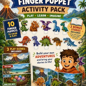 Puede incluir: Un paquete de actividades de marionetas de dedo de dinosaurios con 16 páginas, 10 marionetas para colorear y 3 escenas de juego que incluyen un volcán, una isla y un nido de huevos de dinosaurio. Incluye 2 historias extra e instrucciones.