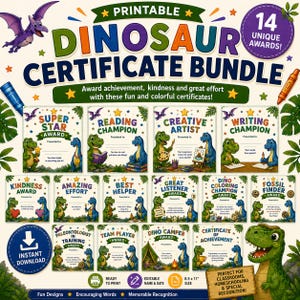 Peut inclure: Un ensemble de certificats dinosaures imprimables comprenant 14 récompenses uniques avec des illustrations colorées de dinosaures. Le texte inclut des titres comme Super Star Award, Reading Champion, Creative Artist et Writing Champion.