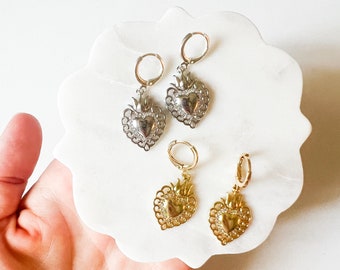 Sacred Heart Scalloped Edge Gold with Rhine Stones Dangles Catholic Handmade Earrings