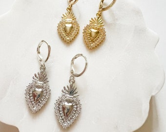 Sacred Heart with Rhine Stones Dangles Catholic Handmade Earrings