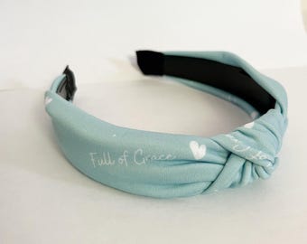 Blue Hail Mary with Hearts Handmade Knot Headband