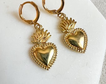 Sacred Heart Scalloped Edge Gold Dangles Catholic Handmade Earrings