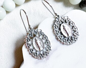 Mary Scalloped Edge Silver Dangles Catholic Handmade Earrings