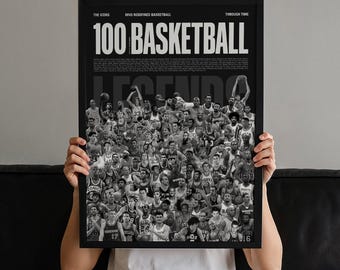 100 Basketball Legends (Dark), Gift for Him, Basketball Wall Art, Mid-Century Modern, Sports Poster, Basketball Players Poster, NBA