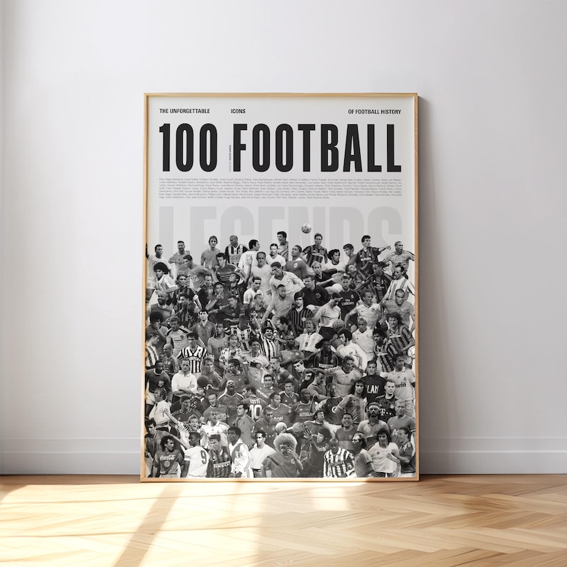 100 Football Legends (Gray), Soccer Poster, Football Poster, Mid-Century Modern, Football Wall Art, Soccer Wall Art, Gift for Him