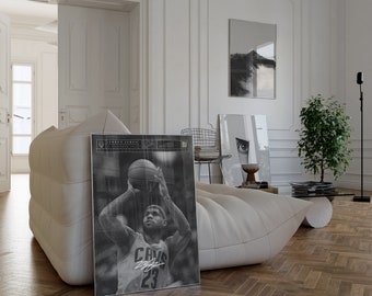 Póster de LeBron James, impresión artística de baloncesto, blanco y negro, estilo moderno de mediados de siglo.