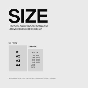 May include: A black and white graphic with the word "SIZE" in large bold letters. The graphic lists different sizes of printable files in inches and centimetres, including A1, A2, A3, and A4.