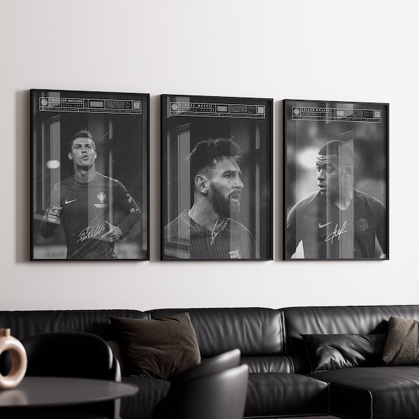 Mbappe, Ronaldo, Messi Poster Bundler, Soccer Art Print, Football Art Print, Black and White, Mid-Century Modern