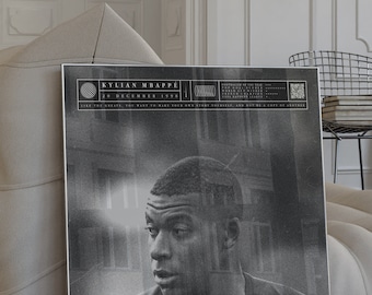 Kylian Mbappé Poster, Football Art Print, Black and White, Mid-Century Modern