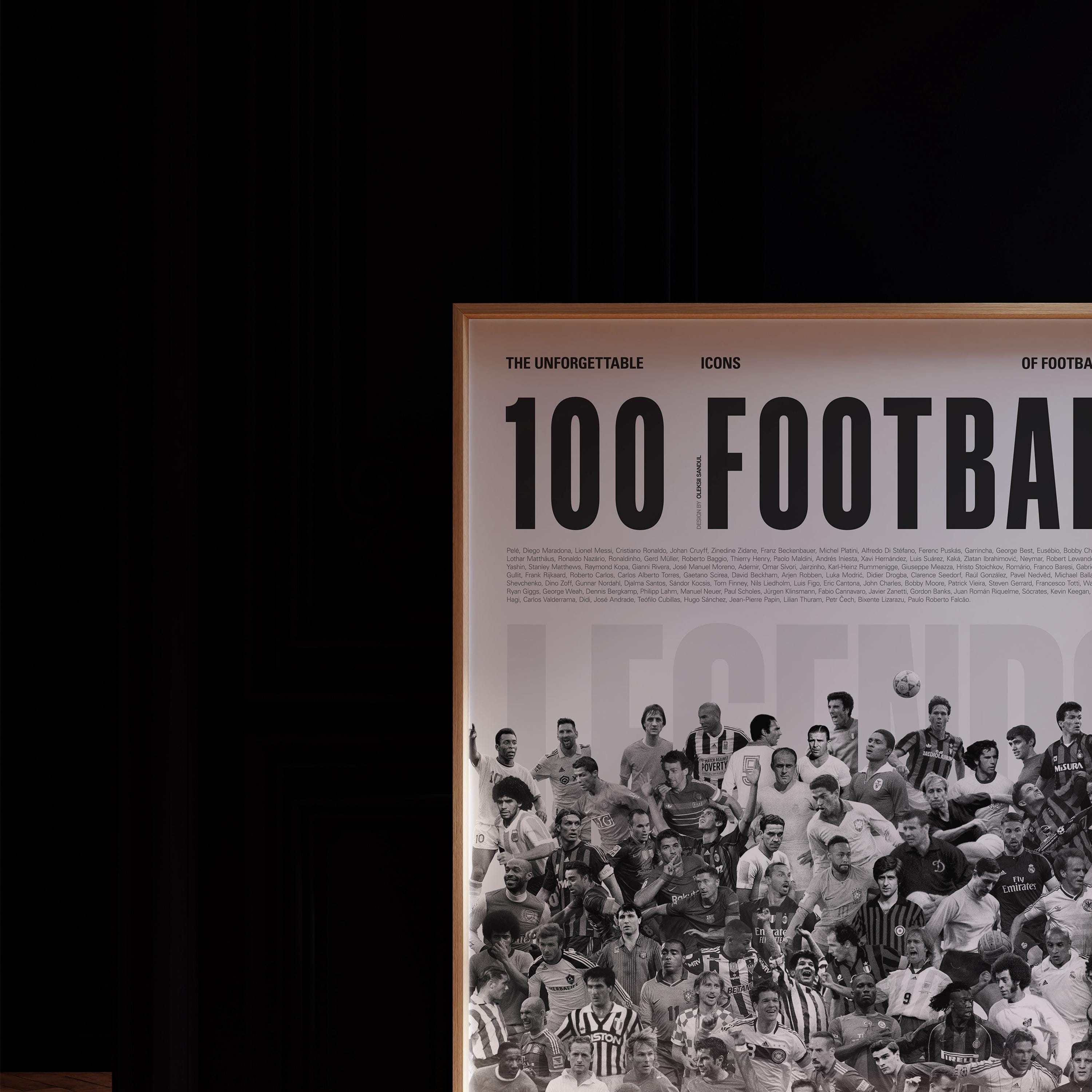100 Football Legends Poster: Mid-century Modern Soccer Wall Art