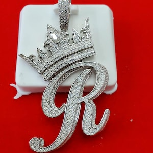 Silver Moissanite Crown Initial R - HipHop pendant