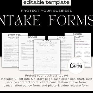 May include: A set of printable intake forms for lash extension businesses. The forms include a client info and history page, lash extension chart, lash service contract, client consultation intake form, cancellation policy form, and photo and video release form.