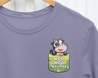 May include: A purple t-shirt with a cartoon cow peeking out of a green pocket that says "Moo Moo Machine".