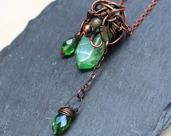 Green Quartz Crystal Copper Necklace, Druid Forest Jewelry, Boho Pendant Talisman