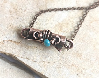 Copper Spell Scroll Pendant with Turquoise Bead