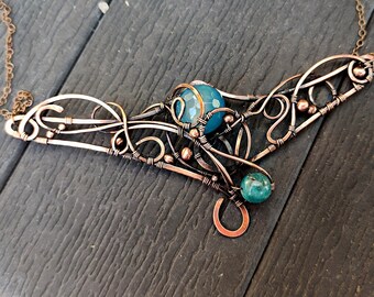 Wire Wrapped Necklace with a Blue Agate and a Blue Kyanite Gemstone Copper Jewelry