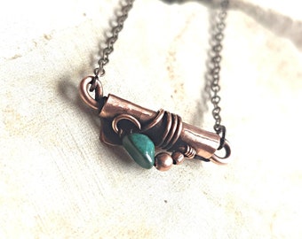Copper Scroll Pendant Necklace, Chrysocolla Gemstone Charm