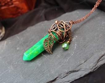 Green Crystal Copper Necklace, Glowing Druid Forest Jewelry