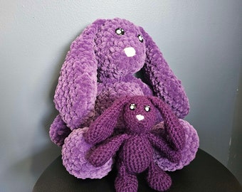 Purple Easter Bunny Pair, big guy and lil guy, Handmade With Love, Crochet, Finished Product, Stuffed Animal, Amigurumi, Plushie Floppy ears