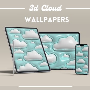 May include: Three devices displaying a 3D cloud wallpaper. A tablet, a laptop, and a smartphone all show a blue background with white 3D clouds. The text "3d Cloud WALLPAPERS" is at the top of the image.