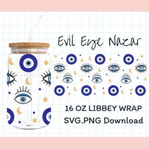 Wrap de Libbey con diseño de ojo malvado SVG - Wrap de taza Nazar de 16 oz PNG - Diseño de calcomanía para vaso con diseño de ojo bohemio