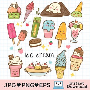 Kawaii Ice Cream Clipart | Cute Summer Treat Stickers PNG JPG EPS | Printable Sweet Food Doodles for Planners, Cards & Crafts