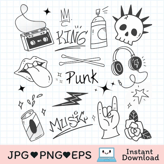 Punk Rock Doodle Clipart | Graffiti Sticker Set (PNG JPG EPS) - Etsy