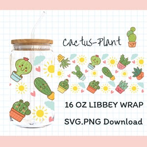 Cactus Libbey Glass Wrap SVG PNG | 16oz Cute Plant Cup Wrap for Summer Iced Coffee, Barista Glass, Gifts & Digital Download