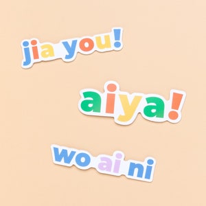 Chinese Sticker Set - Cute Asian Stickers Stationery, Mandarin, Laptop Decal, Water bottle Tumbler Sticker | Wo Ai Ni, Aiya, Jia You
