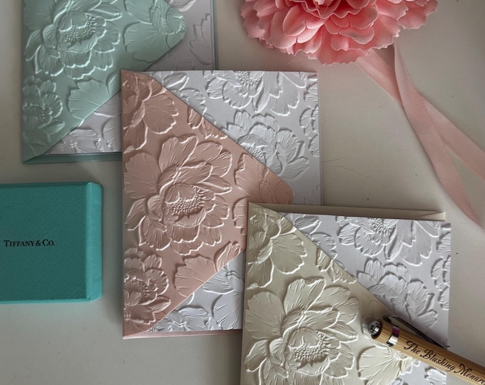 Embossed Peony Notecard Set - Botanical Boxed Stationery Set; 4.25" X 5 ...