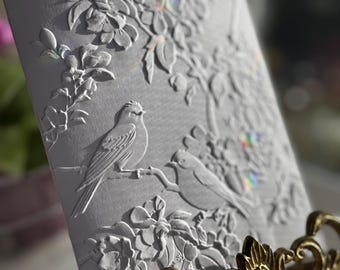 Embossed Birds & Branches Boxed Note Card Set Handmade Botanical Stationery 4.25" x 5.5"