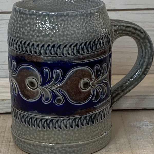 Vintage German Handarbeit Buchtal Pottery Mug Gray Cobalt Blue Salt Glaze Artist Signed